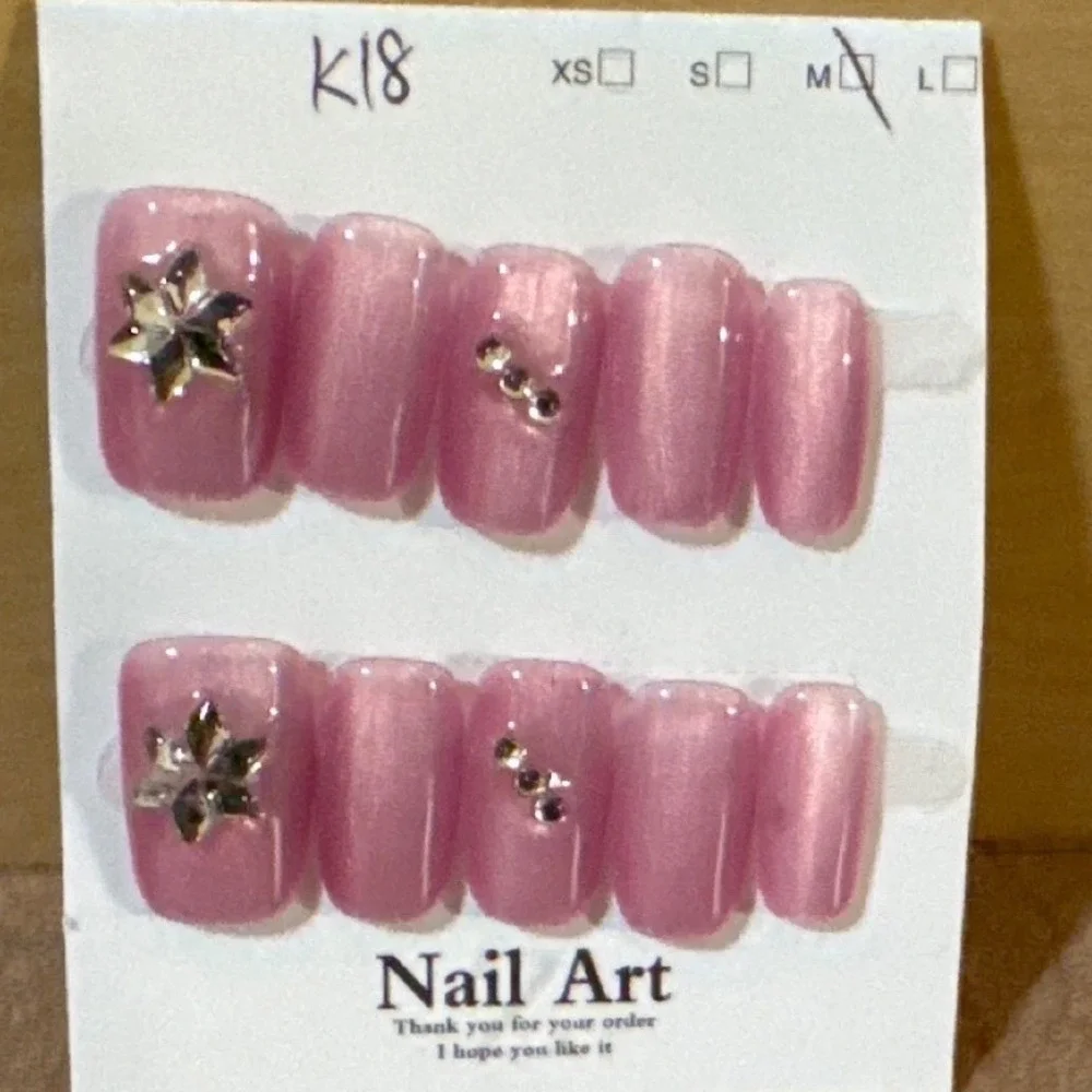 Pink Cat Eye Press On Nails Medium Square‎ Star Rhinestone Crystal Accents